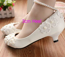 Load image into Gallery viewer, MIDDLE/LOW/HIGH HEELS white pumps shoes with lace flowers cheap low price, bridal pearls anklets party pumps, TG005 women&#39;s shoe