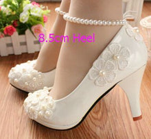 Load image into Gallery viewer, MIDDLE/LOW/HIGH HEELS white pumps shoes with lace flowers cheap low price, bridal pearls anklets party pumps, TG005 women&#39;s shoe