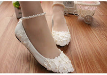 Load image into Gallery viewer, MIDDLE/LOW/HIGH HEELS white pumps shoes with lace flowers cheap low price, bridal pearls anklets party pumps, TG005 women&#39;s shoe