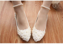 Load image into Gallery viewer, MIDDLE/LOW/HIGH HEELS white pumps shoes with lace flowers cheap low price, bridal pearls anklets party pumps, TG005 women&#39;s shoe