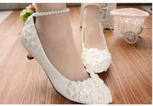 Load image into Gallery viewer, MIDDLE/LOW/HIGH HEELS white pumps shoes with lace flowers cheap low price, bridal pearls anklets party pumps, TG005 women&#39;s shoe