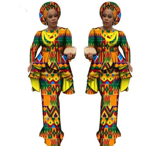 Africa Style Bazin Riche Dresses for Women Two Pieces Set Women Long Sleeve Tops and Long African Print Skirt Plus Size WY2488