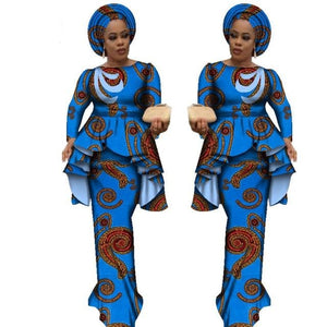 Africa Style Bazin Riche Dresses for Women Two Pieces Set Women Long Sleeve Tops and Long African Print Skirt Plus Size WY2488