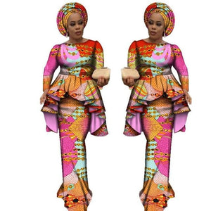 Africa Style Bazin Riche Dresses for Women Two Pieces Set Women Long Sleeve Tops and Long African Print Skirt Plus Size WY2488