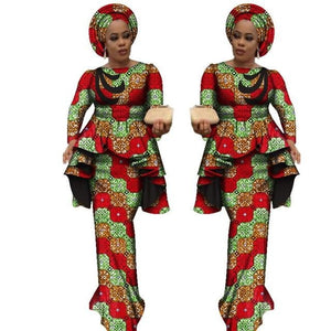 Africa Style Bazin Riche Dresses for Women Two Pieces Set Women Long Sleeve Tops and Long African Print Skirt Plus Size WY2488