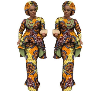 Africa Style Bazin Riche Dresses for Women Two Pieces Set Women Long Sleeve Tops and Long African Print Skirt Plus Size WY2488