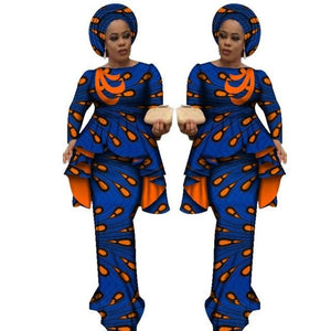 Africa Style Bazin Riche Dresses for Women Two Pieces Set Women Long Sleeve Tops and Long African Print Skirt Plus Size WY2488