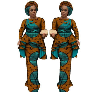 Africa Style Bazin Riche Dresses for Women Two Pieces Set Women Long Sleeve Tops and Long African Print Skirt Plus Size WY2488