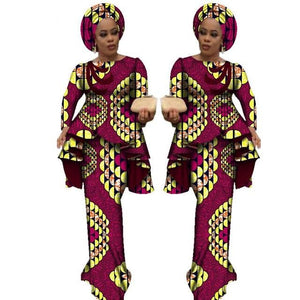 Africa Style Bazin Riche Dresses for Women Two Pieces Set Women Long Sleeve Tops and Long African Print Skirt Plus Size WY2488