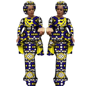 Africa Style Bazin Riche Dresses for Women Two Pieces Set Women Long Sleeve Tops and Long African Print Skirt Plus Size WY2488