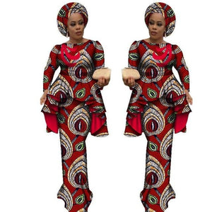 Africa Style Bazin Riche Dresses for Women Two Pieces Set Women Long Sleeve Tops and Long African Print Skirt Plus Size WY2488