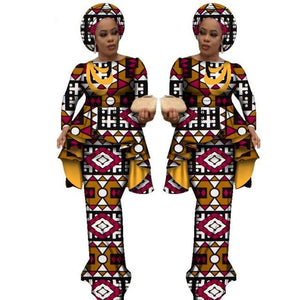 Africa Style Bazin Riche Dresses for Women Two Pieces Set Women Long Sleeve Tops and Long African Print Skirt Plus Size WY2488