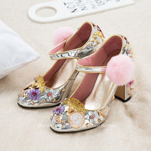 Load image into Gallery viewer, Spring summer rhinestone Shoes Women flower jewelled diamond rivets pompoms high heels Pumps bridal mirror metal wedding shoes