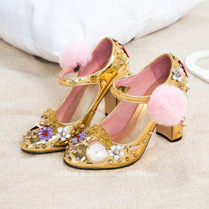 Spring summer rhinestone Shoes Women flower jewelled diamond rivets pompoms high heels Pumps bridal mirror metal wedding shoes