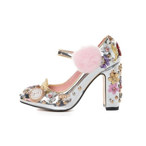 Spring summer rhinestone Shoes Women flower jewelled diamond rivets pompoms high heels Pumps bridal mirror metal wedding shoes