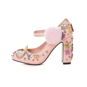 Spring summer rhinestone Shoes Women flower jewelled diamond rivets pompoms high heels Pumps bridal mirror metal wedding shoes