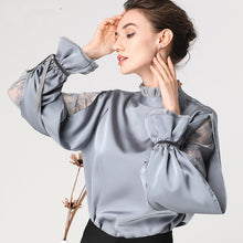 Load image into Gallery viewer, Satin Women&#39; Blouse Stand Ruffled Collar Split Lace Sleeve Loose Plus Size Ladies Tops Fashion New 2020 Female Tops And Blouses