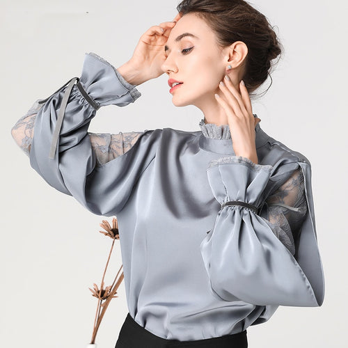 Satin Women' Blouse Stand Ruffled Collar Split Lace Sleeve Loose Plus Size Ladies Tops Fashion New 2020 Female Tops And Blouses