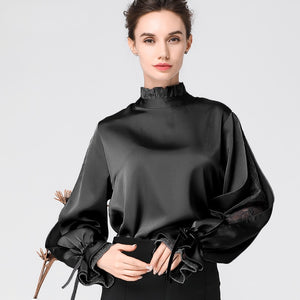 Satin Women' Blouse Stand Ruffled Collar Split Lace Sleeve Loose Plus Size Ladies Tops Fashion New 2020 Female Tops And Blouses