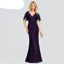 Load image into Gallery viewer, Sexy vestido de lentejuelas Maix para mujer de manga corta con cuello en V ajustado vestido de fiesta de noche elegante vestido de mujer largo Robe Femme 2020