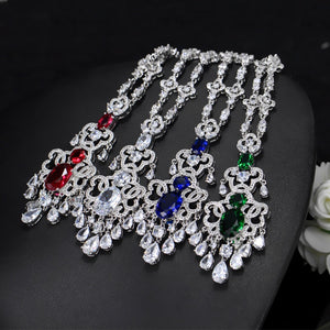 CWWZircons Top Quality Royal Blue Cubic Zirconia African Big Statement Earring Necklace Set For Women Evening Party Jewelry T276