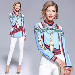 2020 auutmn Long Sleeve Turn Down Collar Print Satin Shirts Women Office Work OL Satin Shirts Women strip Print Blouses Tops