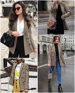 Affogatoo Fashion double breasted plaid blazer women Long sleeve slim OL blazer 2020 Casual autumn jacket blazer female