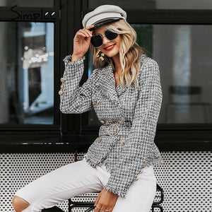 Simplee Plaid frayed edge tweed jacket coat Women v-neck double breasted button belt ladies coat Long sleeve outwear blazer coat