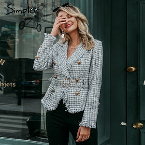 Simplee Plaid frayed edge tweed jacket coat Women v-neck double breasted button belt ladies coat Long sleeve outwear blazer coat