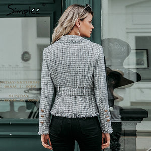 Simplee Plaid frayed edge tweed jacket coat Women v-neck double breasted button belt ladies coat Long sleeve outwear blazer coat