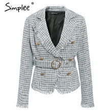 Load image into Gallery viewer, Simplee Plaid frayed edge tweed jacket coat Women v-neck double breasted button belt ladies coat Long sleeve outwear blazer coat