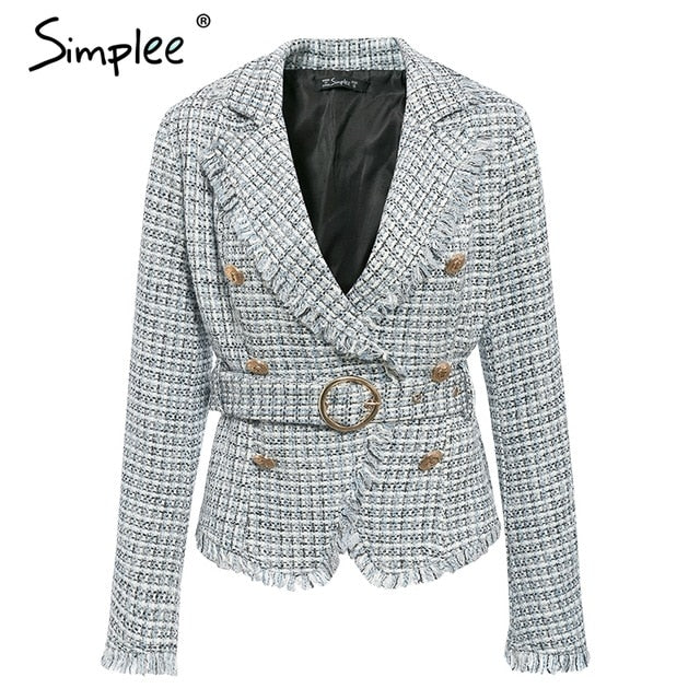 Simplee Plaid frayed edge tweed jacket coat Women v-neck double breasted button belt ladies coat Long sleeve outwear blazer coat