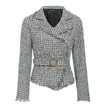 Load image into Gallery viewer, Simplee Plaid frayed edge tweed jacket coat Women v-neck double breasted button belt ladies coat Long sleeve outwear blazer coat