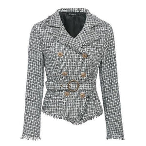 Simplee Plaid frayed edge tweed jacket coat Women v-neck double breasted button belt ladies coat Long sleeve outwear blazer coat