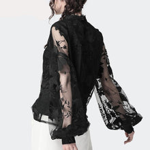 Load image into Gallery viewer, Ladies Floral Embroidery Blouses Transparent Lantern Sleeve Mesh Tops Stand Collar Loose Plus Size Women Black Chiffon Blouse