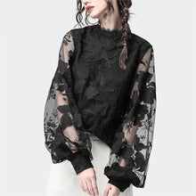 Load image into Gallery viewer, Ladies Floral Embroidery Blouses Transparent Lantern Sleeve Mesh Tops Stand Collar Loose Plus Size Women Black Chiffon Blouse