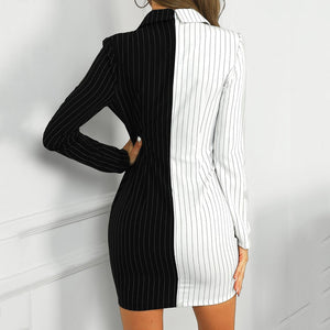 Fashion suit women blazer dress Turn Down Neck Long Sleeve Buttons Striped Patchwork Bodycon Blazer Dress Wholesale Free Ship Z4