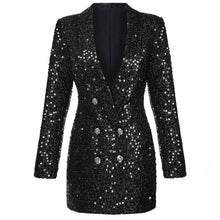 Load image into Gallery viewer, High Quality Fashion 2020 Designer Blazer Women Double Lion Buttons Shawl Collar Glitter Sequined Long Runway Black Blazers