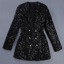 Load image into Gallery viewer, High Quality Fashion 2020 Designer Blazer Women Double Lion Buttons Shawl Collar Glitter Sequined Long Runway Black Blazers