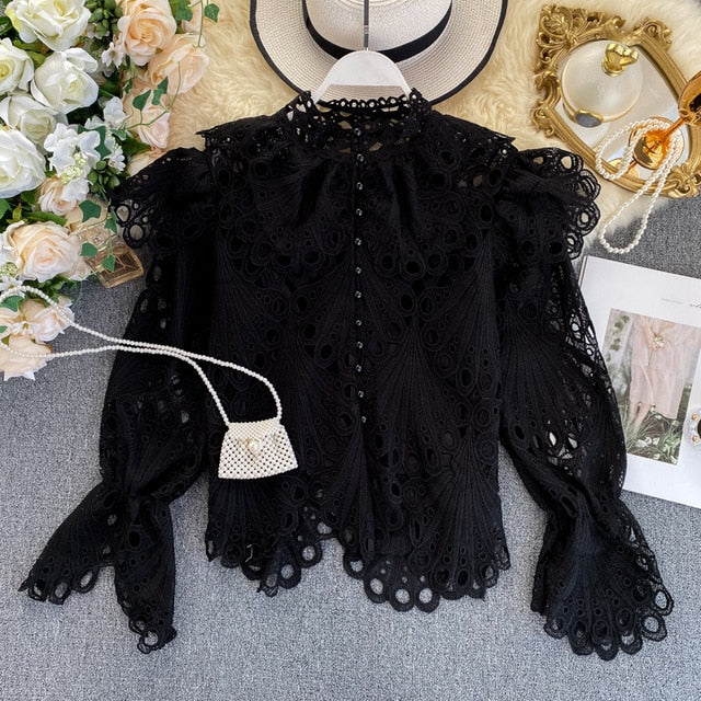 Women Top Blouse Lace Fashion Vintage  Elegant White Black Cardigan 2020 High Quality Tops Female Clothes Ladies Shirts 2 pieces