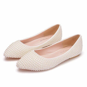 Crystal Queen Beige pearl Crystal womens wedding shoes Flat big size female shoes real leather insole woman shoes Bridal party