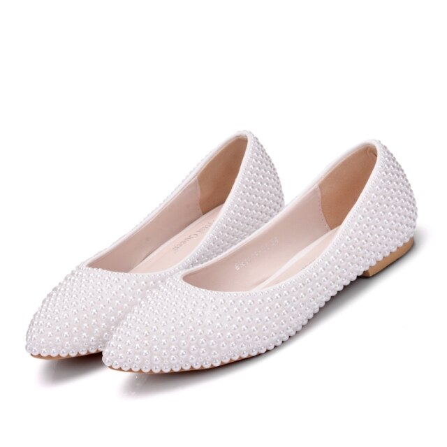 Crystal Queen Beige pearl Crystal womens wedding shoes Flat big size female shoes real leather insole woman shoes Bridal party