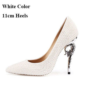 Luxurious White Imitation Pearl Bridal Dress Shoes 4 Inches Strange Heel Pointed Toe Wedding Party Shoes Girl Adult Ceremony