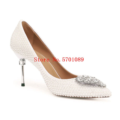 80mm High Heel Shoes Peach Heart Glass Drill Pearls Pointed-toe Stiletto Heel Bridal Shoes Bridesmaid Wedding Pumps 35-41