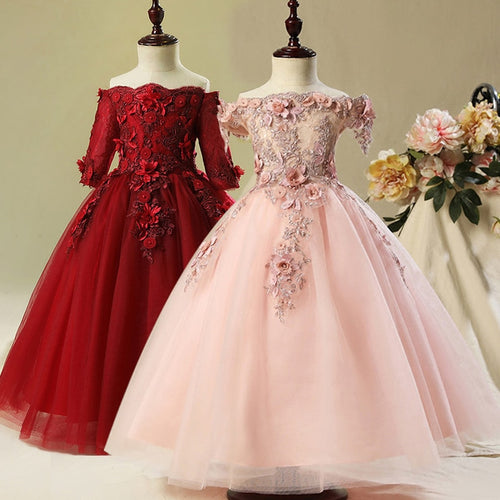 Flower Girl Bead Decoration Long Dress 2020 New Girl Wedding Party Exchange Dress Ball Beauty Sexy Shoulder Dress