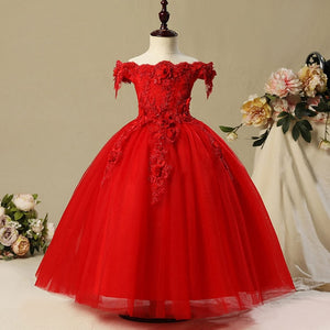 Flower Girl Bead Decoration Long Dress 2020 New Girl Wedding Party Exchange Dress Ball Beauty Sexy Shoulder Dress