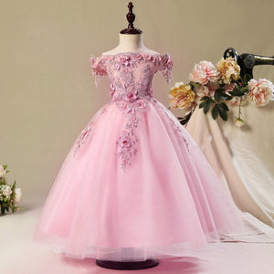 Flower Girl Bead Decoration Long Dress 2020 New Girl Wedding Party Exchange Dress Ball Beauty Sexy Shoulder Dress