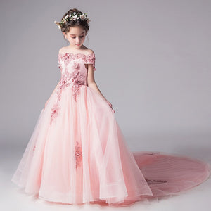 Flower Girl Bead Decoration Long Dress 2020 New Girl Wedding Party Exchange Dress Ball Beauty Sexy Shoulder Dress