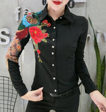 Load image into Gallery viewer, autumn new fashion heavy work embroidered peacock shirt women long-sleeved lapel peony slim top blouse