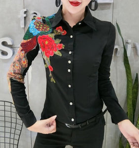 autumn new fashion heavy work embroidered peacock shirt women long-sleeved lapel peony slim top blouse